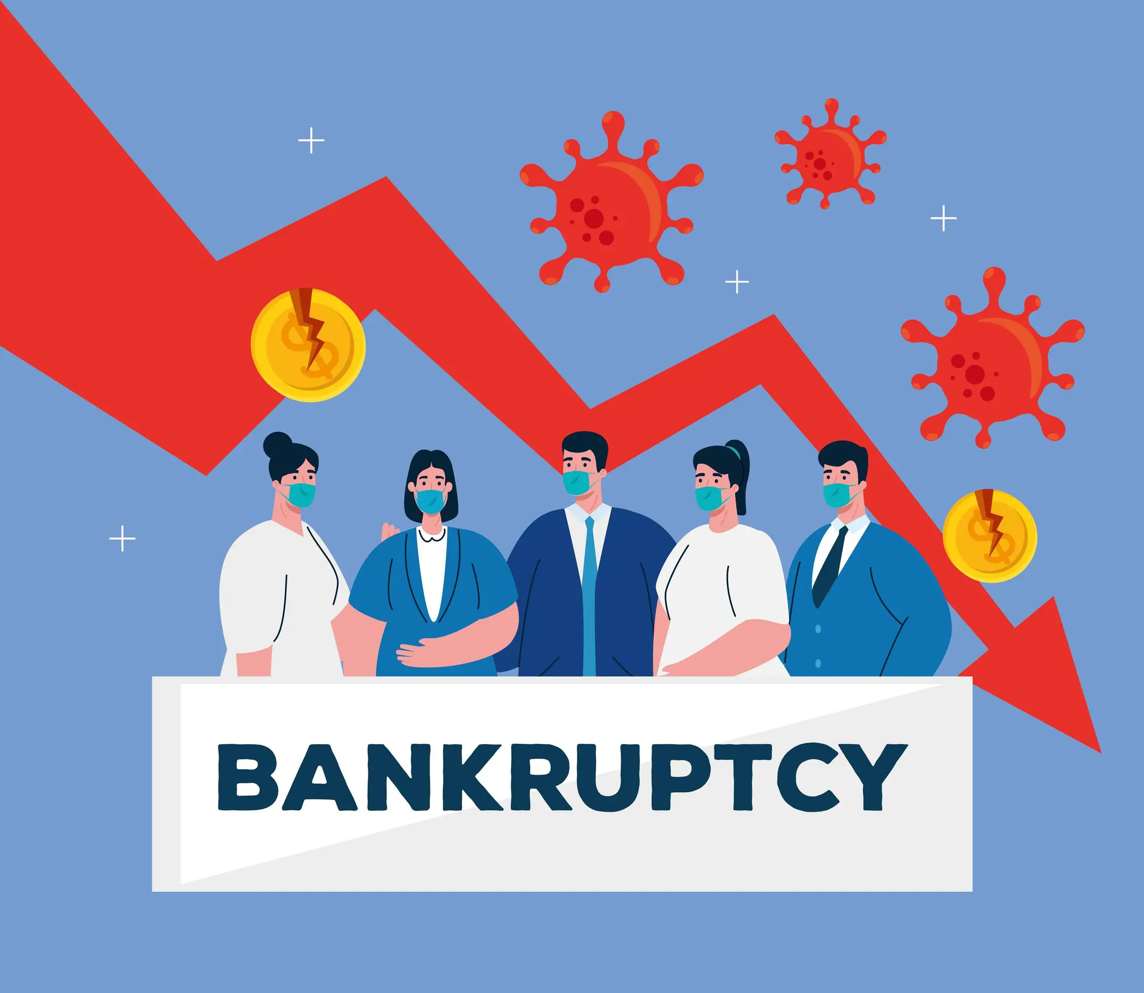 businesspeople with masks and decrease arrow of bankruptcy vector ...