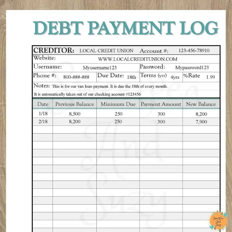 Debt Payment Log Debt Tracker Debt Snow Ball See Your