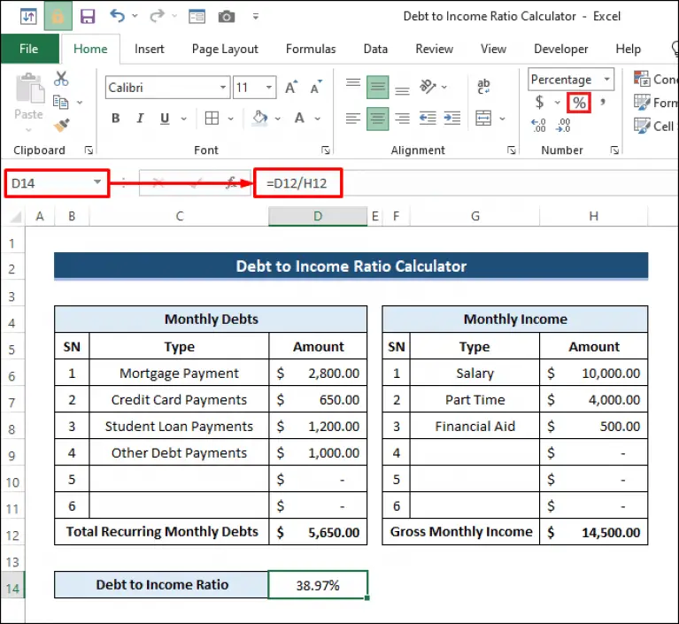 Debt to Income Ratio Calculator in Excel (Create with Easy Steps)