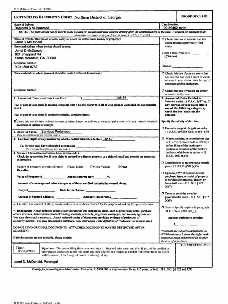 Form To File As Creditor in Chapter 13 Bankruptcy ...