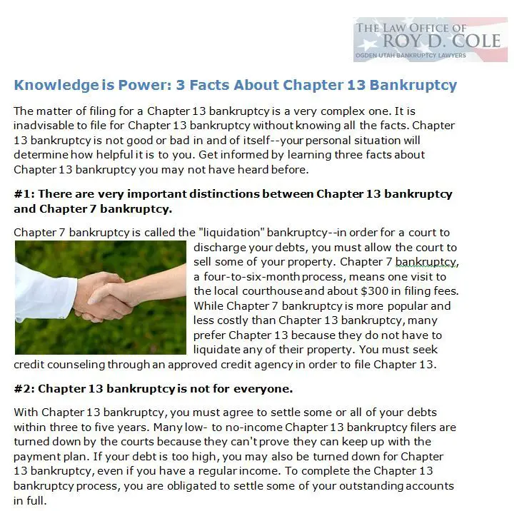 The matter of filing for a Chapter 13 bankruptcy is a very complex one ...