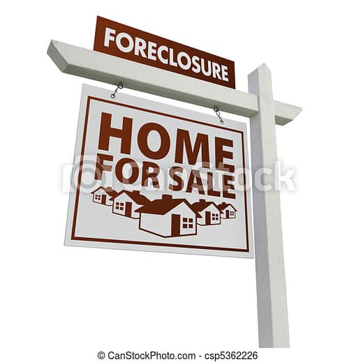 White foreclosure home for sale real estate sign on white. White ...